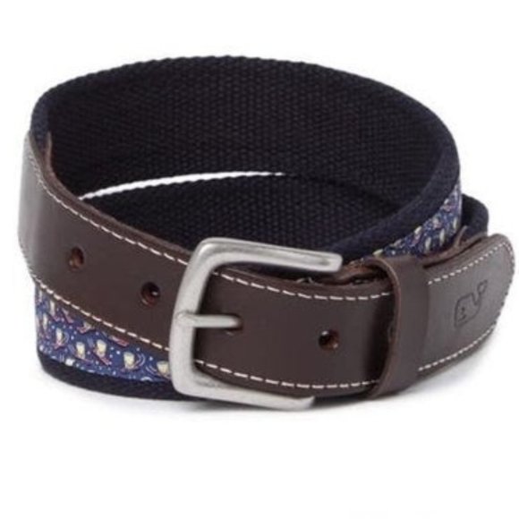 Vineyard Vines Other - Vineyard Vines Mens Blue Brown Shotski Leather Canvas Club Buckle Belt Sz 30 NWT